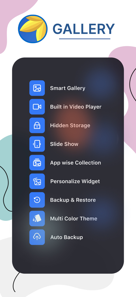 A menu displaying key features of the Gallery Photo Vault app including hidden storage and video player