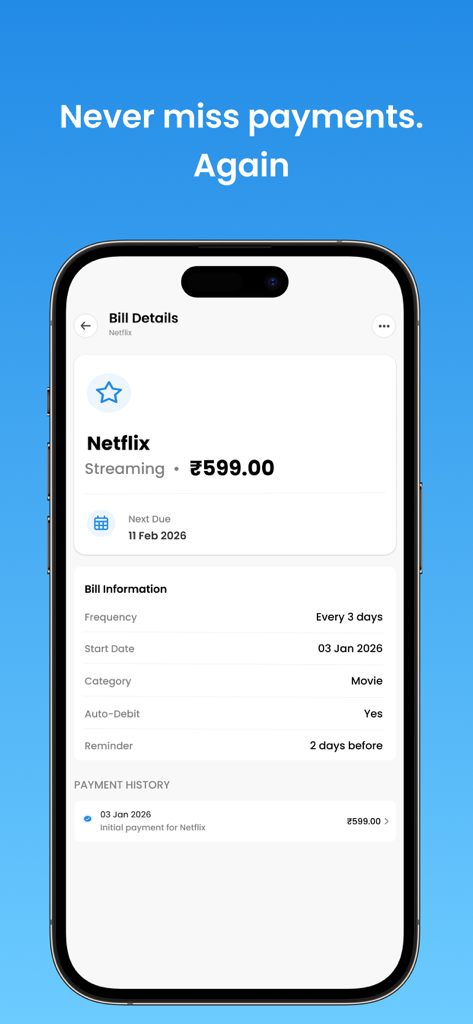 Nexpenz: Smart Money Manager - La aplicación Nexpenz muestra los detalles de la factura de suscripción de Netflix y el recordatorio de pago próximo.
