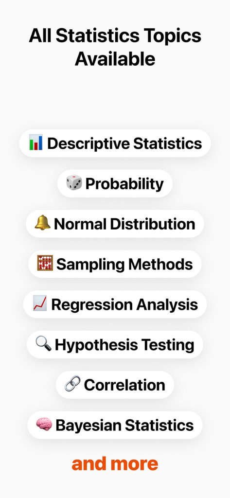 Statistics AI: Homework Solver - List of statistics topics covered by the app including Probability and Regression Analysis