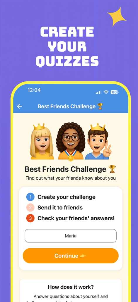 Vivatok - A mobile app screen showing the three steps to create a Best Friends Challenge on Vivatok.