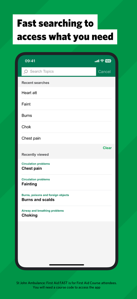 Interface de busca do aplicativo SJA First Aid Fast mostrando tópicos recentes e visualizados como ataque cardíaco e engasgo