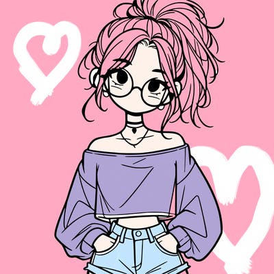 girl with a messy ponytail glasses a baggy crop top and jean shorts