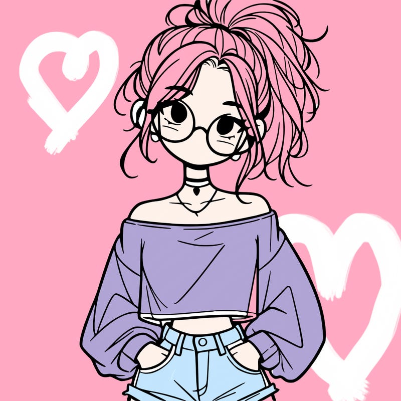 girl with a messy ponytail glasses a baggy crop top and jean shorts