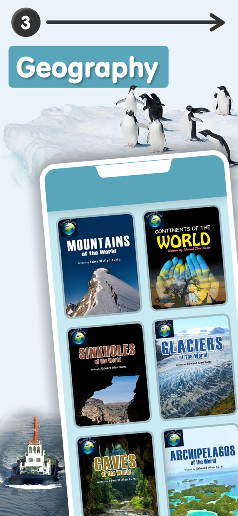3rd Grade Reading & Phonics - A digital library screen in the 3rd Grade Reading and Phonics app showing geography books about mountains, continents, and glaciers.