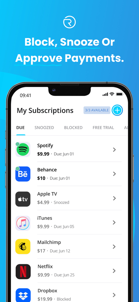 Revuto - Revuto mobile app interface showing a dashboard to manage subscriptions with features to block snooze or approve payments for services like Spotify and Netflix