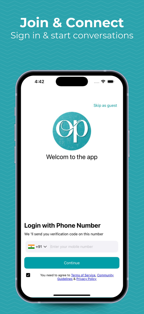 Oppy - Oppy app login screen featuring a phone number sign in option and a Join and Connect headline