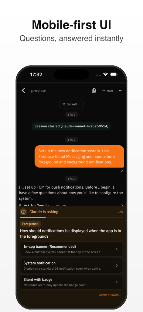 CC Pocket: Dev Agent Remote - Mobile UI of CC Pocket showing an AI coding agent asking the user for configuration preferences with multiple choice options.