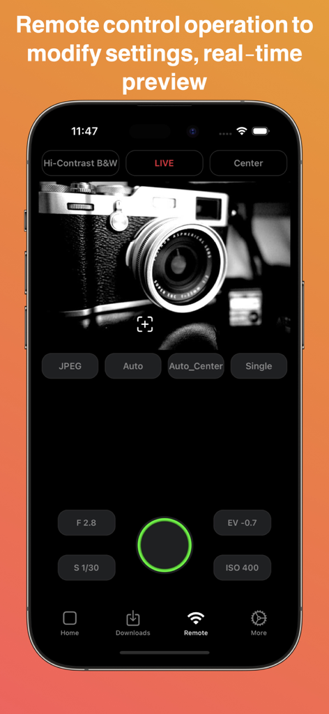 GR Lover - GR World - iPhone screenshot showing the GR Lover app remote control interface with real-time camera preview and manual exposure settings