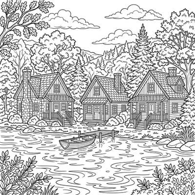 Immerse yourself in the tranquility of nature with this beautiful coloring page featuring charming lake cottages. Perfect for unwinding, it showcases picturesque homes nestled by a calm lake, inviting your creativity.