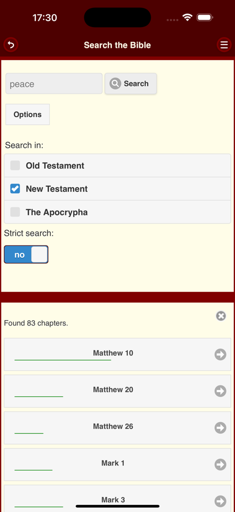 ArtBible - Interfaz de búsqueda de la aplicación ArtBible mostrando resultados para la palabra paz en el Nuevo Testamento