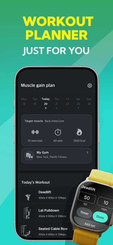 Planfit app interface on iPhone and Apple Watch showing a personalized muscle gain workout plan