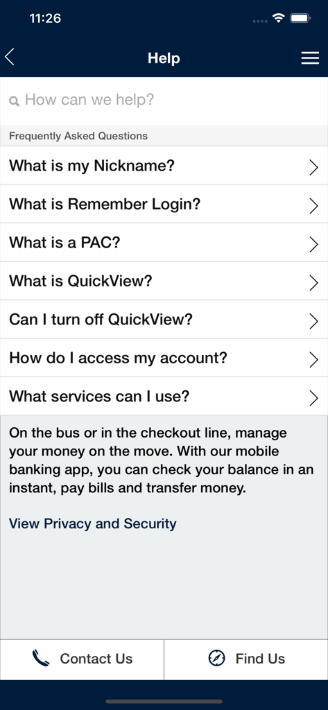 WFCU Banking - Pantalla de ayuda de la aplicación WFCU Banking que muestra preguntas frecuentes y opciones de contacto de soporte