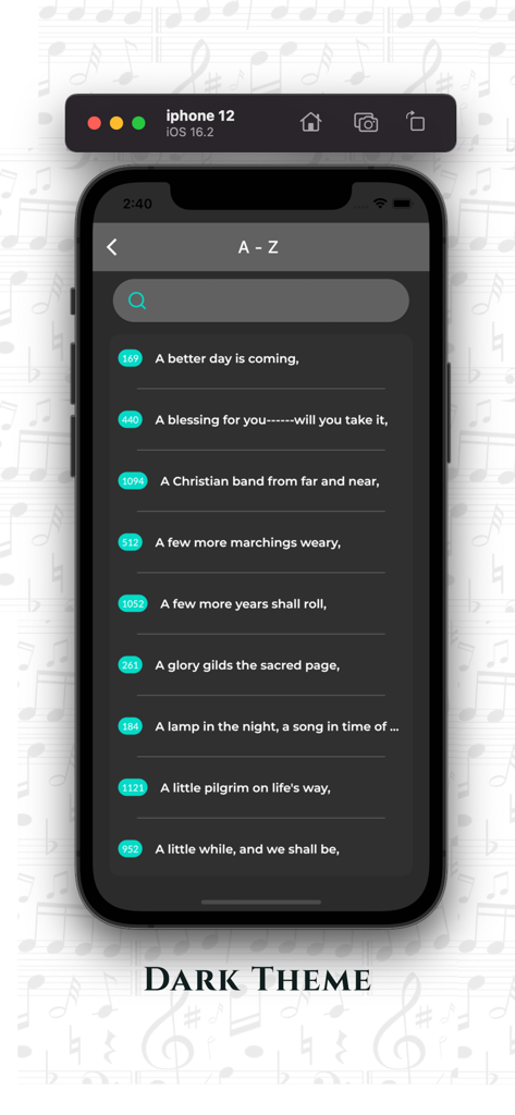 Sacred Songs and Solos app hymn list in dark theme mode