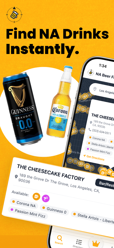 NA Beer Finder - NA Beer Finder mobile app interface showing non-alcoholic drink options at a restaurant