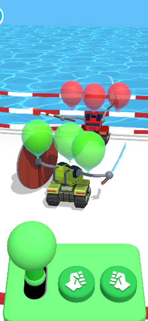 Balloon Clash!! - Gameplay of Balloon Clash showing a green tank with weapons and balloons facing a red enemy tank on a water arena.
