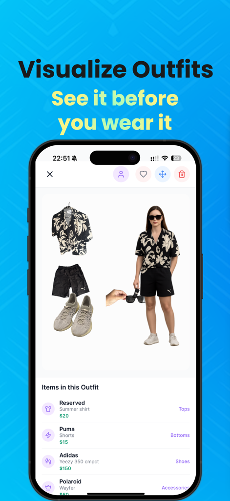 Visualización de atuendos IA que muestra un modelo vistiendo ropa seleccionada en la aplicación 10outfits