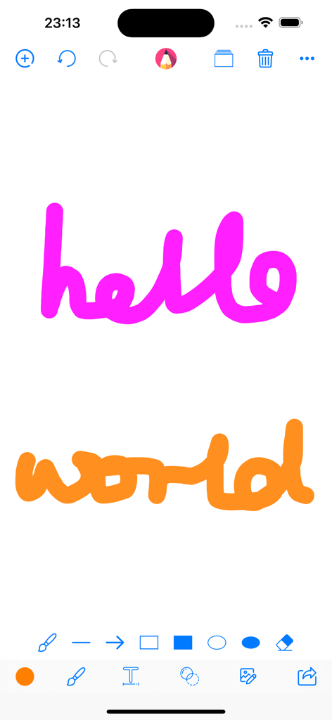 Draw Board on whiteboard pad - Texto 'hola mundo' manuscrito en un lienzo de pizarra digital con herramientas de dibujo