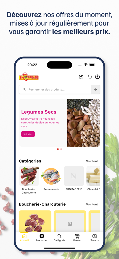 Shopreate - Store - The home screen of the Shopreate shopping app displaying product categories and promotions.
