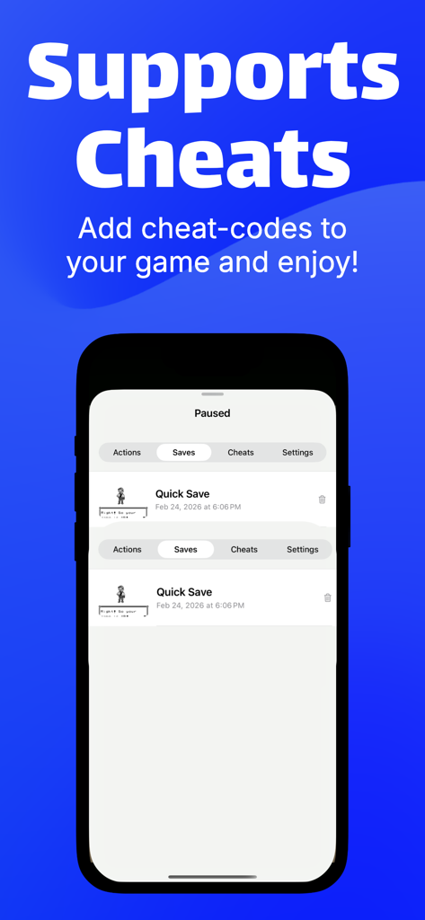Game Emulator - GBA, DS, NES - Interfaz de aplicación móvil que muestra el menú de trucos y estados de guardado para un emulador de juegos retro en iPhone.