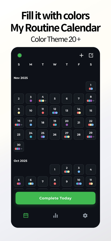 cancan: make your everyday - Cancan habit tracker app displaying a monthly routine calendar with colorful habit markers and a dark theme.