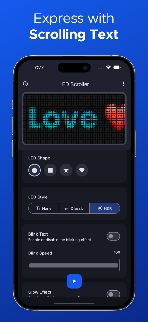 Interfaz de la aplicación LED Scroller mostrando un mensaje desplazable personalizado con la palabra Love y un icono de corazón rojo
