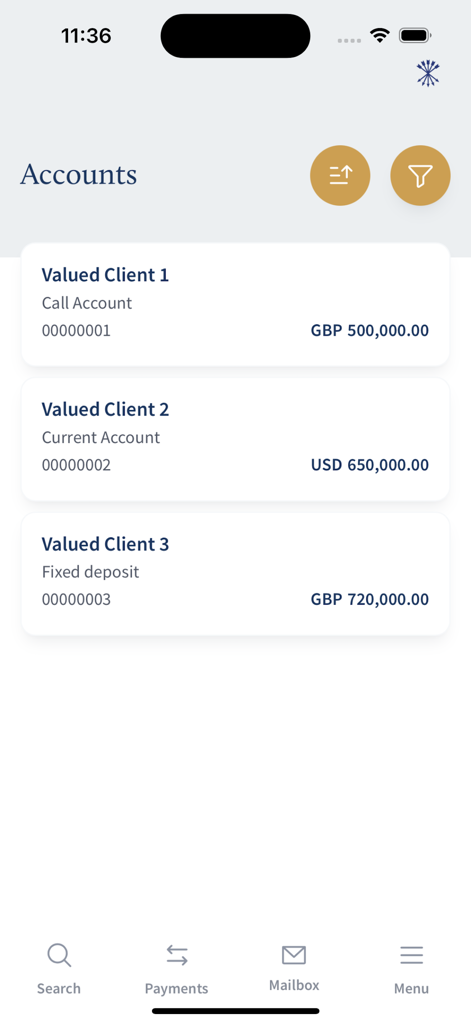 Rothschild & Co MobileBanking - Kontenübersichtsbildschirm der Rothschild und Co MobileBanking App mit mehreren hohen Kontoständen in GBP und USD
