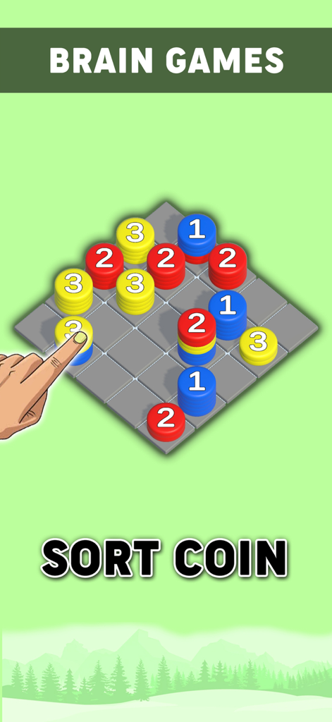 10000 Offline Games - No Wifi - Una mano clasificando monedas numeradas amarillas, azules y rojas en una cuadrícula en un juego mental móvil