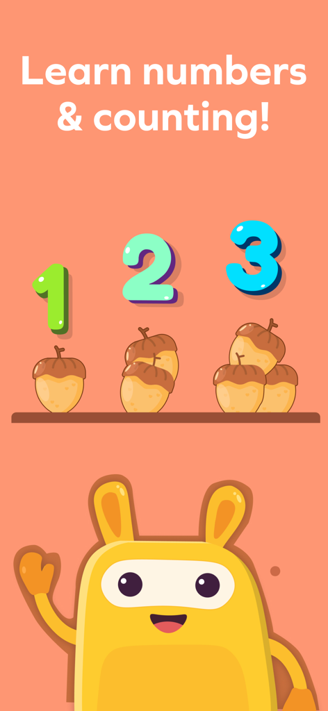 Splash Jr: Toddler Games 2-4 - Educational game screen showing numbers 1 2 3 and acorns for toddler counting with a cute yellow character