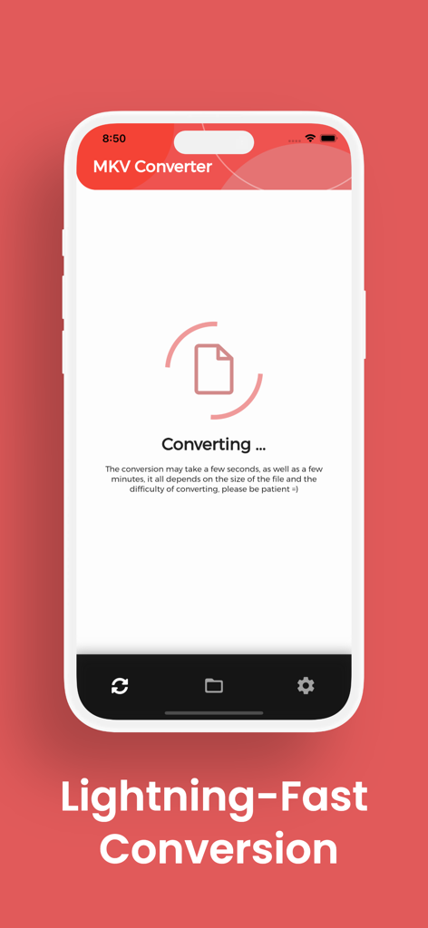 Pantalla de iPhone que muestra la interfaz de la app Convertidor MKV durante un proceso de conversión de video ultrarrápido