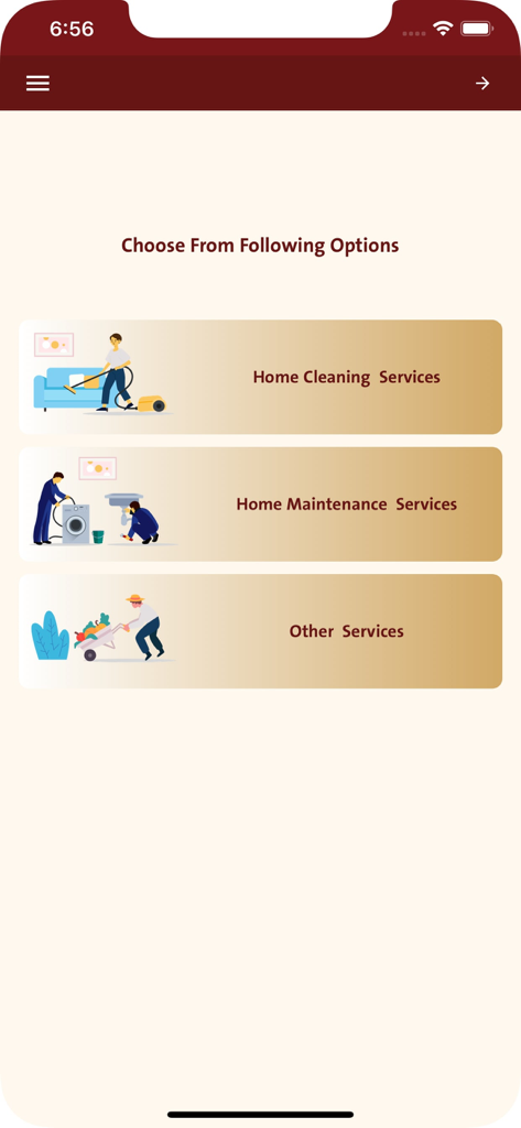 Awon App Auswahlbildschirm für Haushaltsreinigung und Wartungsdienste