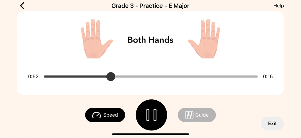 ABRSM Piano Scales Trainer - Interface of the ABRSM Piano Scales Trainer app showing a Grade 3 E Major practice session for both hands with speed and guide controls