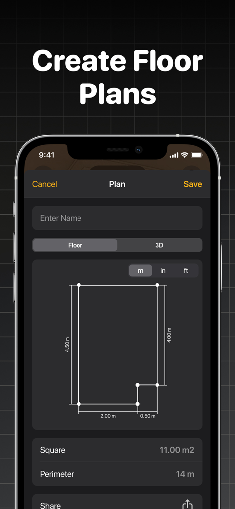The Tape Measure & 3D Scanner - Una interfaz móvil para The Tape Measure and 3D Scanner mostrando un plano de planta 2D digital con medidas de metraje cuadrado y perímetro