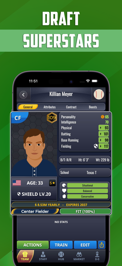 A detailed player profile screen in the Ultimate Pro Baseball GM app showing stats for an elite center fielder including batting and fielding ratings