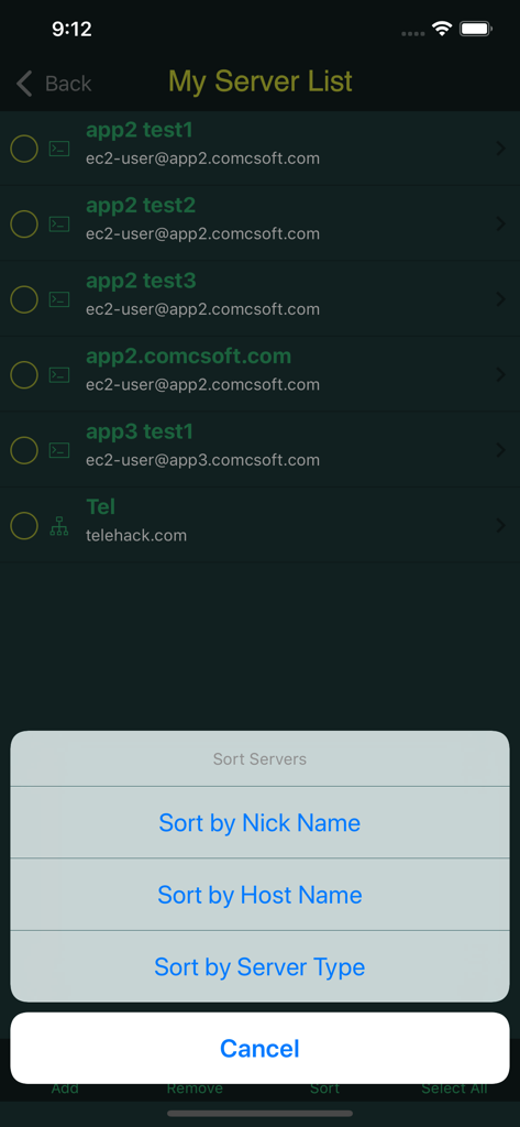 iTerminal Pro My Server List screen showing various server connections and a popup menu with options to sort by nick name host name or server type
