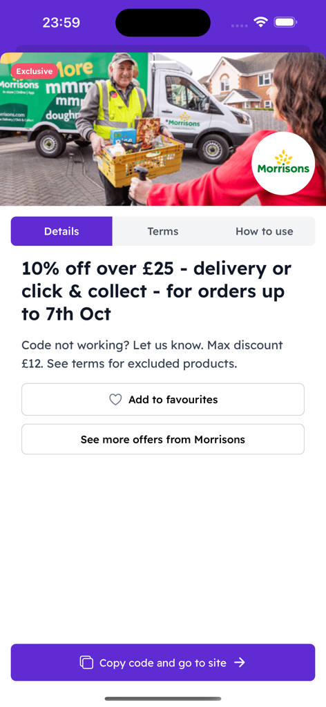 Purpl Discounts - Purpl Discounts app screen showing a ten percent off offer for Morrisons grocery delivery.