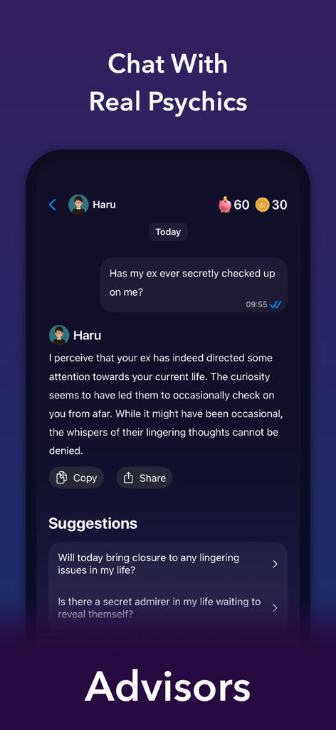 A mobile screen showing a chat conversation with a psychic advisor in the Kismet app