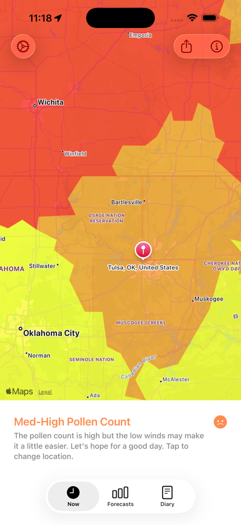 My Pollen Forecast - Allergies - Heat map showing medium high pollen count in Tulsa Oklahoma on the My Pollen Forecast app