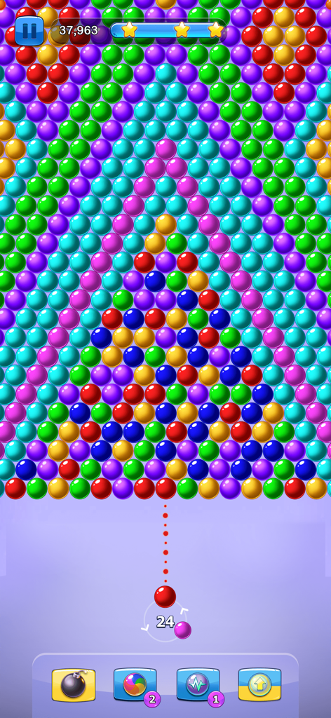 Bubble Original - Tela clássica de jogo de estourar bolhas do Bubble Original mostrando uma grade de bolhas coloridas e uma bolha vermelha pronta para ser lançada.