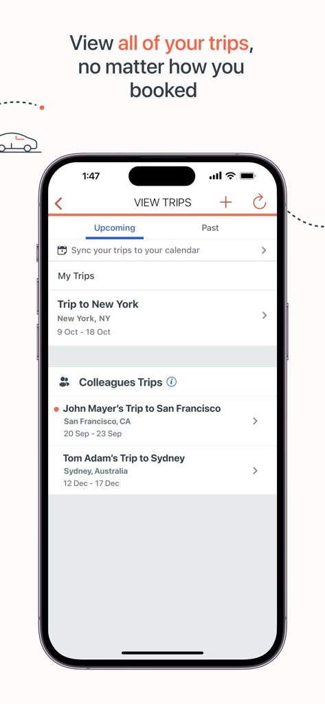 myCWT - Una captura de pantalla de la aplicación myCWT que muestra una lista de viajes de negocios próximos personales y de colegas
