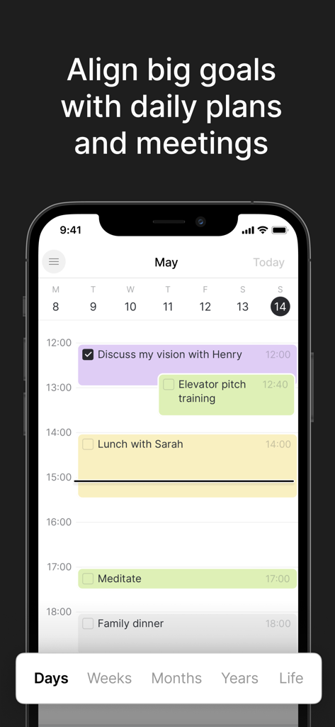 Vista de calendario diario de la aplicación móvil Timestripe mostrando reuniones y tareas programadas