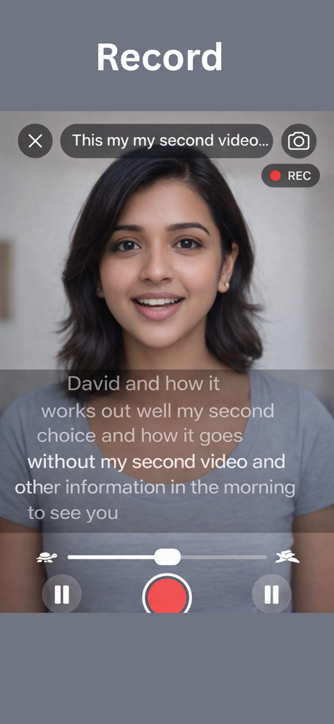 Teleprompter Pro for Creators - Recording screen of Teleprompter Pro app showing a female creator and script overlay