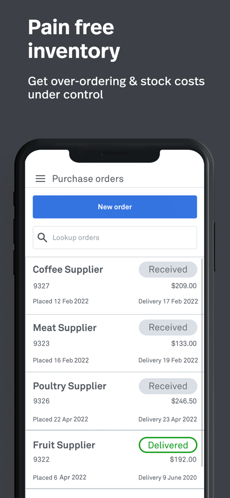 Lightspeed Restaurant POS-App-Oberfläche, die den Bildschirm für Bestellungen mit Lieferantendetails und Lieferstatus für die Bestandsverwaltung zeigt.