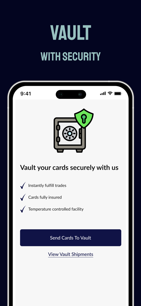 Veriswap - Veriswap app interface displaying secure vault storage and insurance for trading cards