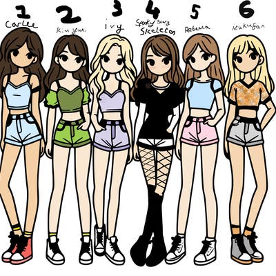 a group of girls wearing crop tops and shorts