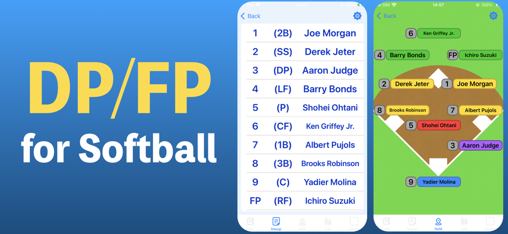 Baseball Lineup app interface showing softball DP and FP rules with player field positions
