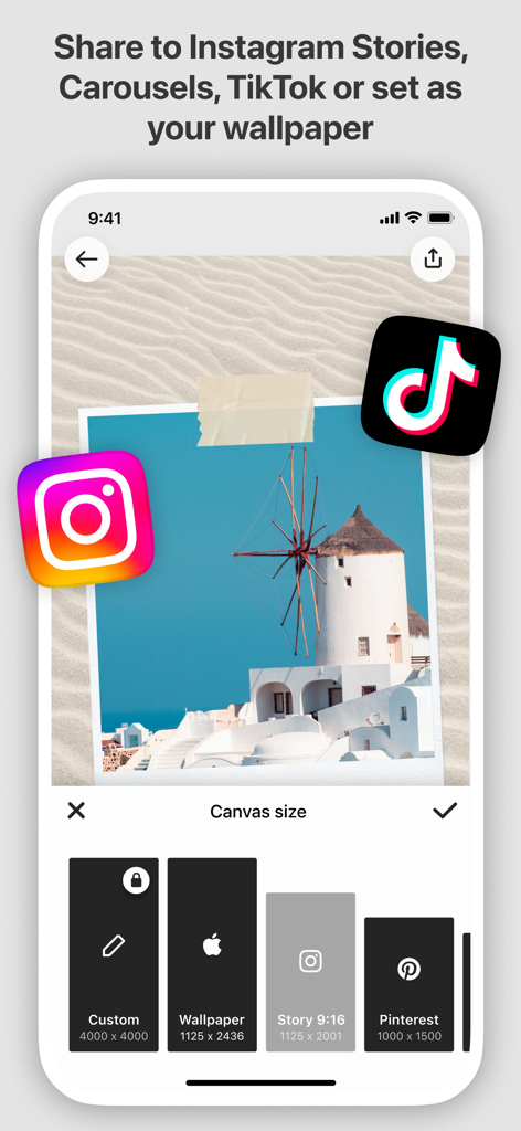 Moodboard - Photo Video Layout - Moodboard-App-Oberfläche, die Optionen für die Leinwandgröße für die Freigabe auf Instagram Stories, TikTok und Pinterest zeigt