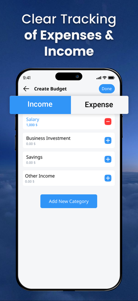 Pantalla de smartphone que muestra la interfaz de seguimiento de ingresos y configuración de categorías en la aplicación Planificador de Presupuestos