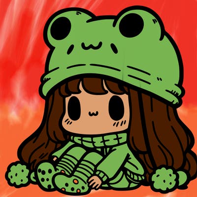 a girl wearing a frog hat with frog socks