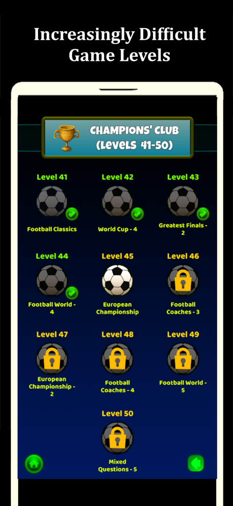 Football Quiz - Trivia 2026 - Football Quiz app screenshot showing a list of soccer trivia levels in the Champions Club section