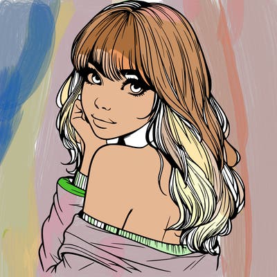 realistic girl with bangs looking over her shoulder